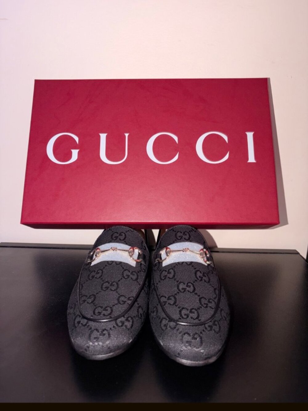 Gucci Jordaan Horsebit GG Monogram Black Canvas Loafers